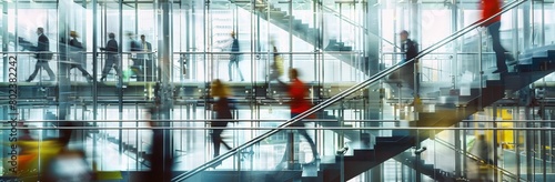 Urban Hustle Through Glass: Motion Blur Captures Busy Professionals in a Steel and Glass Office (Reflective View)