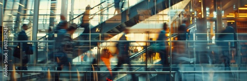 Urban Hustle Through Glass: Motion Blur Captures Busy Professionals in a Steel and Glass Office (Reflective View)