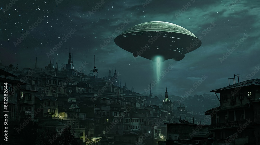 a large alien ship flying over a city at night a large alien ship flying over a city at night