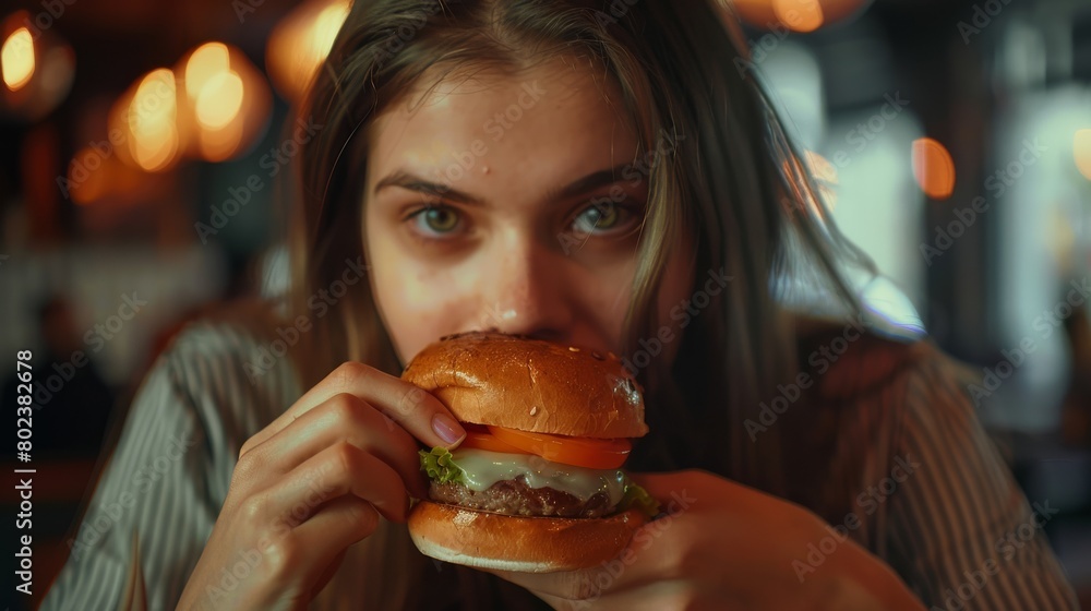 a student tastes a juicy burger a student tastes a juicy burger