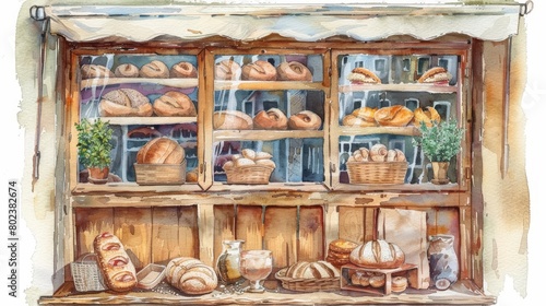 A simple watercolor scene of a quaint bakery window filled with freshly baked bread and pastries, Clipart minimal watercolor isolated on white background