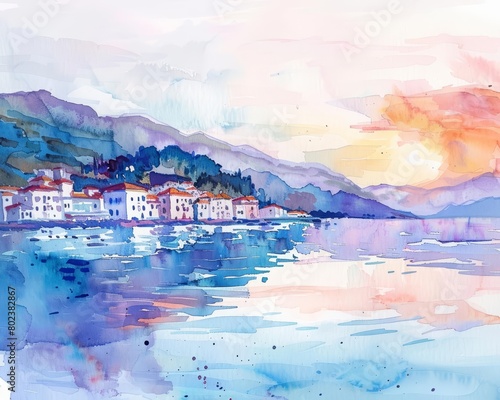 A watercolor painting captures the first light of dawn creeping over a sleepy coastal town, awakening its colors, Clipart minimal watercolor isolated on white background