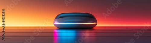A sleek autonomous pod car glows under a vibrant sunset sky, showcasing modern transportation technology.