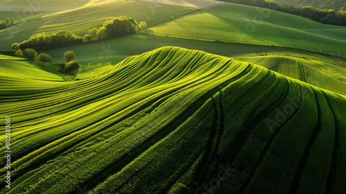 Сalming bird's eye view of pattern on green fields