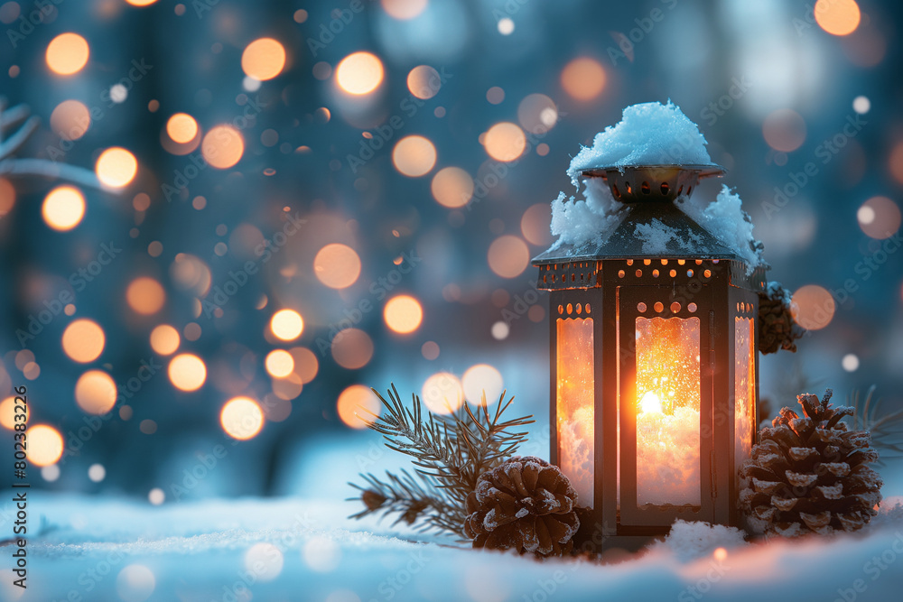 Snowy Lantern with Warm Light, Festive Winter Scene with Copy Space