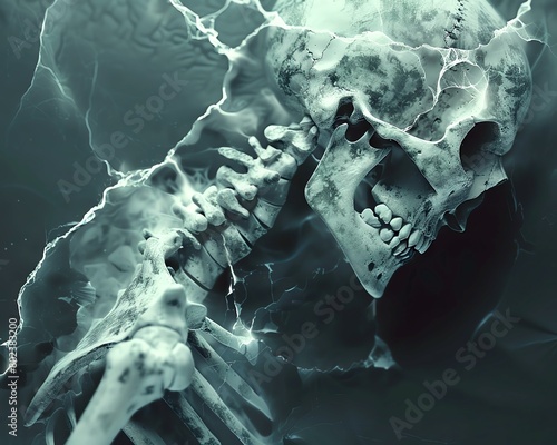 A spine-chilling image of a skeleton seeming to emerge from the eerie shadows and mist, creating a macabre atmosphere.