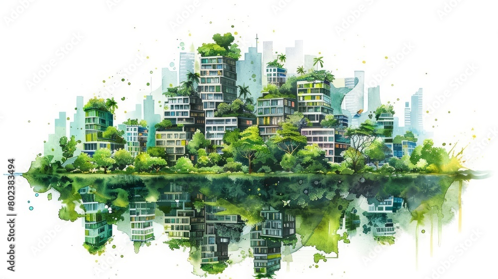 A watercolor painting of a sprawling ecocity built entirely on vertical gardens and renewable energy sources, Clipart minimal watercolor isolated on white background
