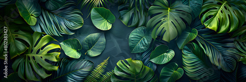 Tropical leaves background with a green floral pattern banner, ideal for nature-themed designs and tropical-themed events.