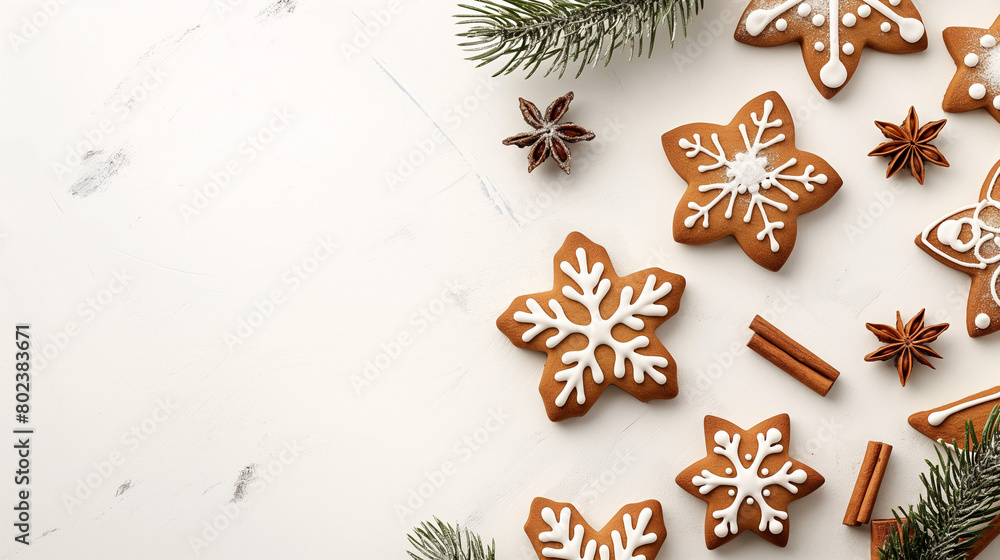 Christmas gingerbread cookies with icing, on white background, top view with copy space Christmas gingerbread cookies with icing, on white background, top view with copy space