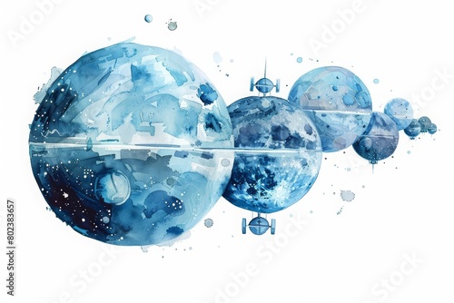 Wallpaper Mural A watercolor painting portrays a series of linked space stations orbiting the moon, forming a lunar colony, Clipart minimal watercolor isolated on white background Torontodigital.ca