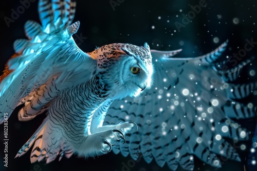 A white owl with black spots flying through the air photo