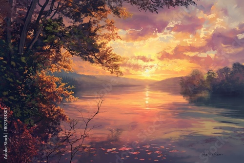 scene of a sunrise over a tranquil lake