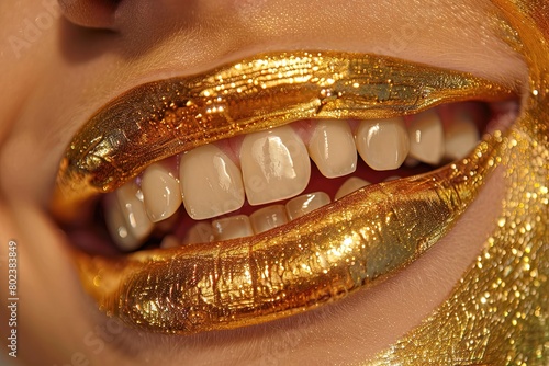 A woman with gold painted lips and teeth
