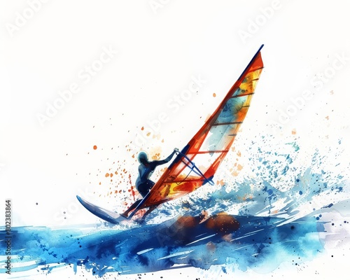 A watercolor painting shows a windsurfer racing across the ocean, the sail vibrant against the deep blue water, Clipart minimal watercolor isolated on white background