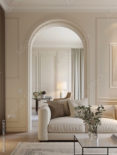 A living room with a white couch and a vase of flowers on it