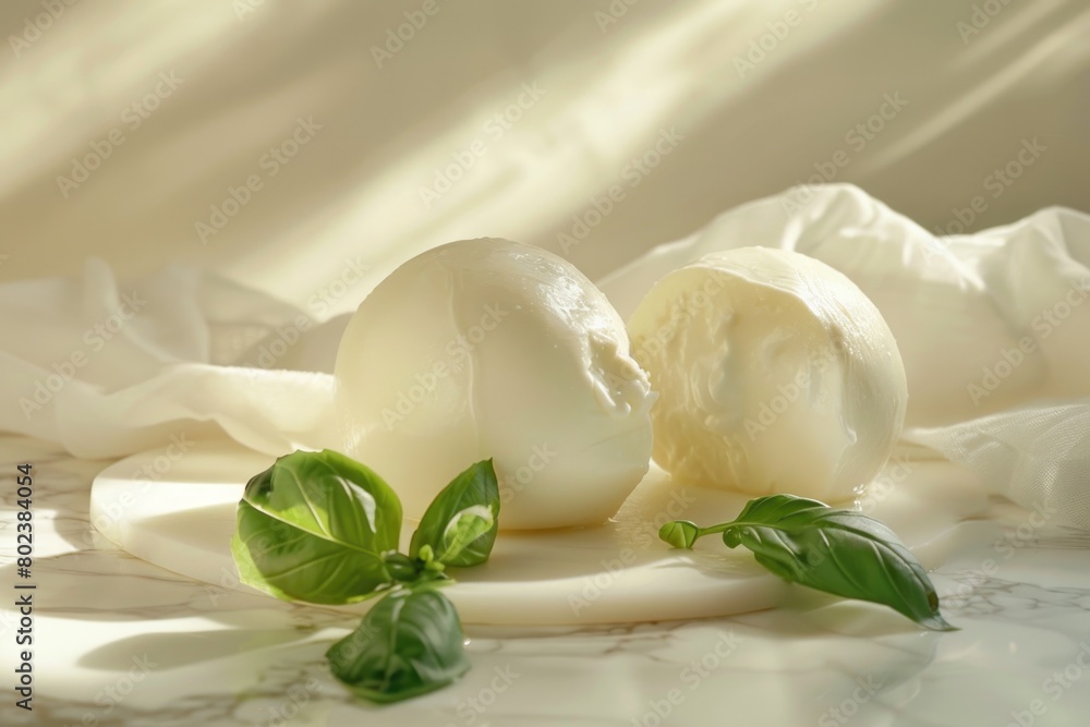 Fresh mozzarella cheese displayed on a table, perfect for food and culinary concepts Fresh mozzarella cheese displayed on a table, perfect for food and culinary concepts