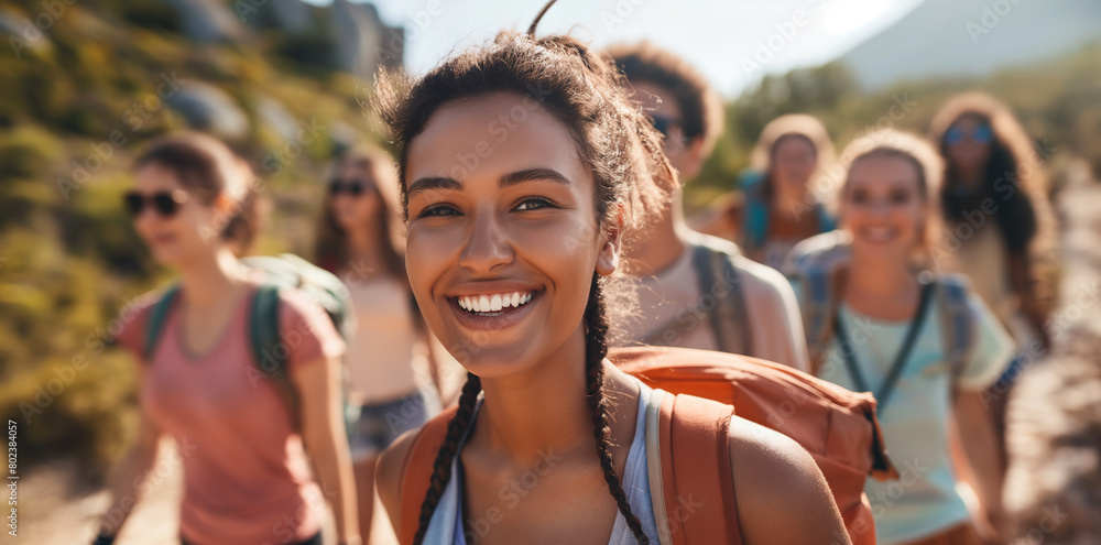 Smiling Young Woman Hiking, Group of Friends in Nature