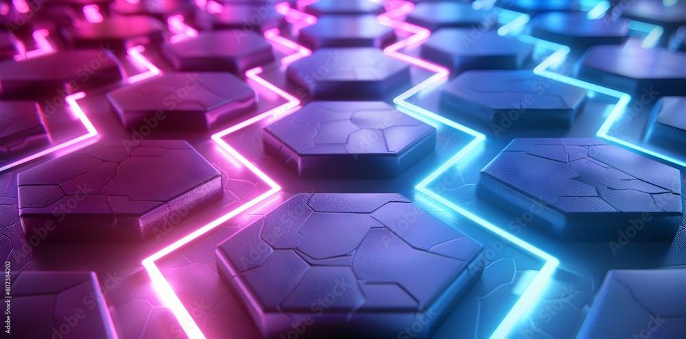 3d render of abstract glowing neon background with hexagon pattern, colorful, blue purple and black colors