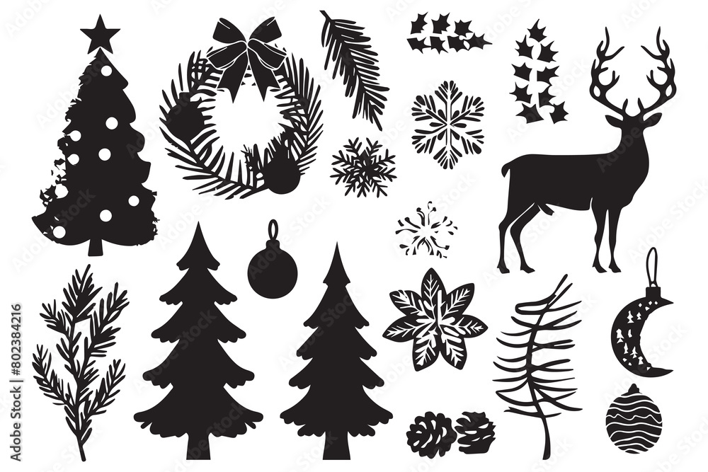 Naklejka premium Christmas set of silhouettes for design on a white background, vector illustration