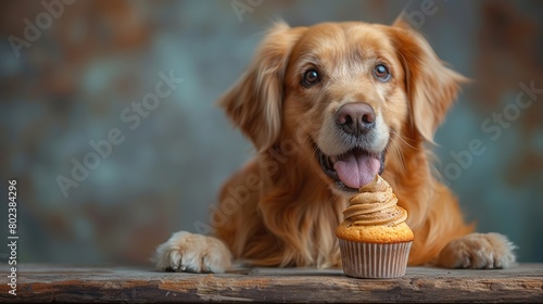 Cute dog with cupcake  closeup view