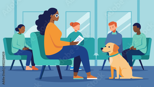 A person sitting in a crowded waiting room the presence of their service dog providing a sense of ease and comfort in an otherwise overwhelming. Vector illustration