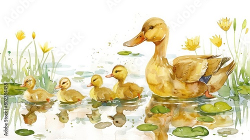 The clean watercolor depiction of a mother duck leading her ducklings across a lilypadded pond, Clipart minimal watercolor isolated on white background photo