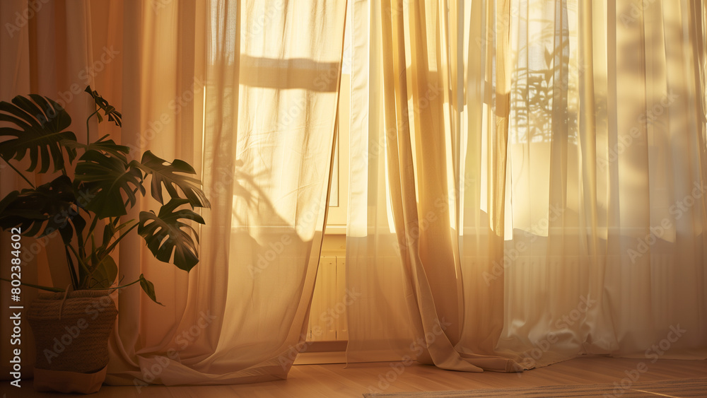 Morning Serenity: Beige Curtains in the Early Light Morning Serenity: Beige Curtains in the Early Light