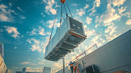 A crane is lifting a large piece of equipment photo