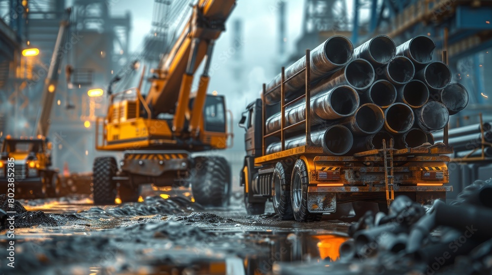 A yellow truck is pulling a load of pipes A yellow truck is pulling a load of pipes