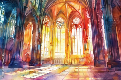The watercolor painting of a magnificent cathedral with detailed stained glass windows bathed in sunlight, Clipart minimal watercolor isolated on white background