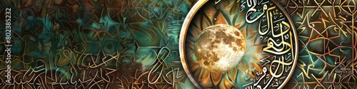 Elegant Islamic calligraphy displaying the greeting  Happy Islamic New Year  in Arabic  set against a backdrop of intricate geometric patterns and a crescent moon 