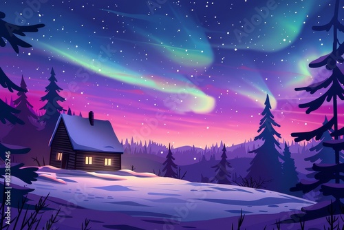 Experience the magic of a secluded cabin amidst snow-covered trees, bathed in the ethereal glow of the Northern Lights.