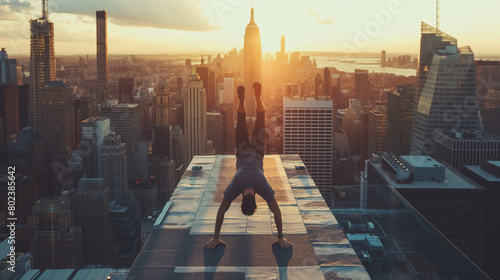 Aerial view of a person doing a plank exercise on a rooftop  urban skyline in the background