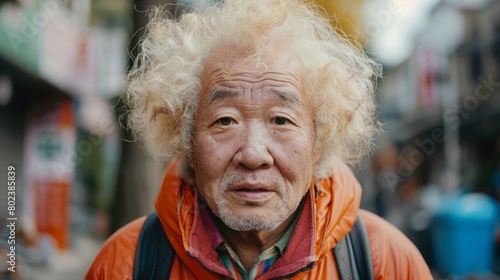 Old Chinese Man with Blond Curly Hair 1990s style Illustration.