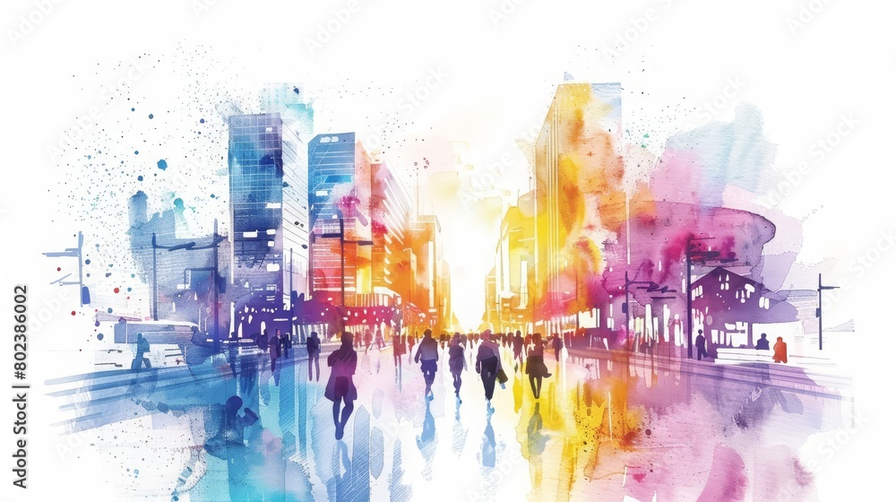 The watercolor painting of a dynamic urban center powered by kinetic energy from pedestrians and vehicles, Clipart minimal watercolor isolated on white background
