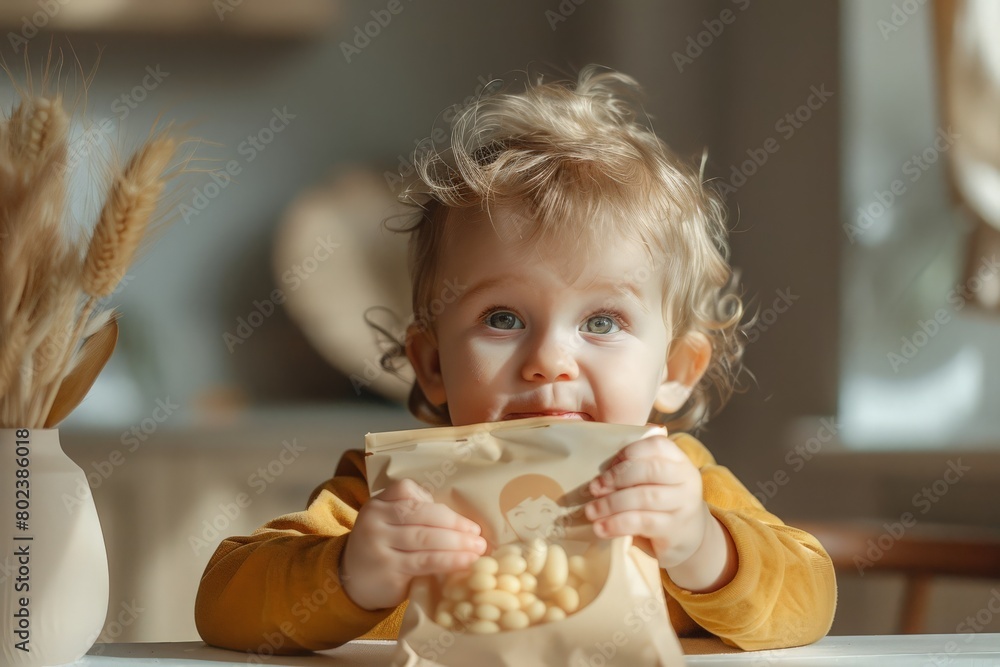 Mockup with a baby and packaging for baby food and healthy eating. A newborn sits at the table and holds a package of food in his hands in front of him. Space for text, pastel tones, little boy. Mockup with a baby and packaging for baby food and healthy eating. A newborn sits at the table and holds a package of food in his hands in front of him. Space for text, pastel tones, little boy.