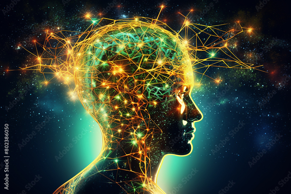 An artistic representation of a human head with a neural network overlay An artistic representation of a human head with a neural network overlay
