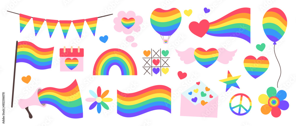 LGBTQ+ Pride month Symbols icons elements. Vector flat illustration for poster, card, wallpaper, poster, banner, packaging. Hearts, rainbow, flower, flag
