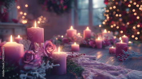 Festive interior with numerous candles and pink accents, magic of Christmas