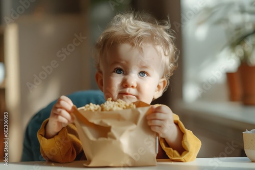 Mockup with a baby and packaging for baby food and healthy eating. A newborn sits at the table and holds a package of food in his hands in front of him. Space for text  pastel tones  little boy.
