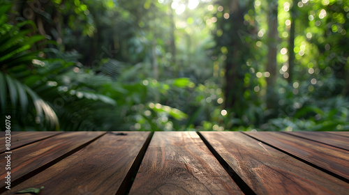 Sleek Wooden Surface Amidst Amazon Jungle Blur: Natural Elegance for Presentations