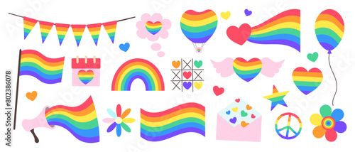 LGBTQ+ Pride month Symbols icons elements. Vector flat illustration for poster, card, wallpaper, poster, banner, packaging. Hearts, rainbow, flower, flag