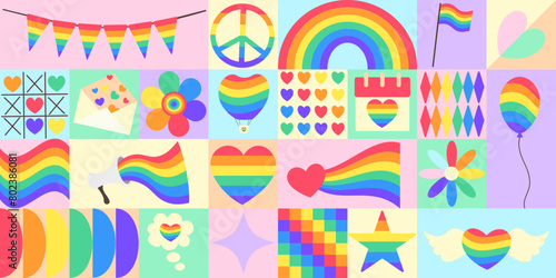 LGBTQ+ Pride Symbols icons elements with geometric pattern. Vector flat design for poster, card, wallpaper, poster, banner, packaging. Hearts, rainbow, flower
