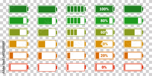 Level battery energy icon set. Powerfully full and power low up status batteries. Energy reusing concept. Alkaline tags. Battery charging point, charge indicator. Mobile plug. Vector illustration.