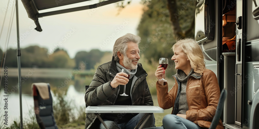 Happy mature couple sitting by their caravan home drinking red wine. Senior husband and wife traveling on holidays by trailer camper van.