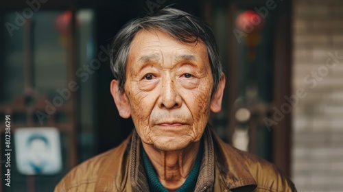 Old Chinese Man with Brown Straight Hair 1990s style Illustration.
