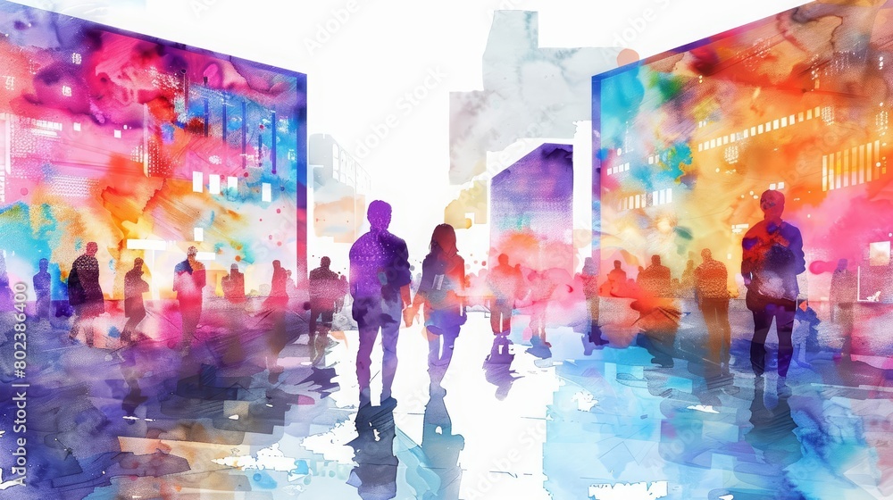 This engaging watercolor scene shows a public square where interactive holographic displays provide realtime news and entertainment