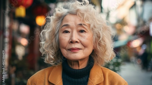Old Chinese Woman with Blond Curly Hair 1990s style Illustration.