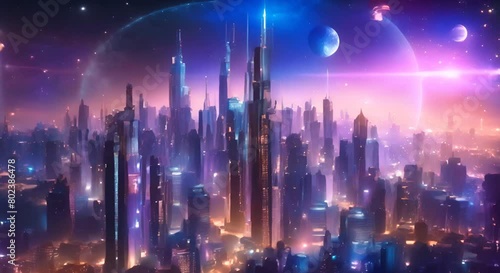 Futuristic cosmic animation with deep space galaxy and futuristic cityscape on planet Bright cosmic animation with illustrations transformations and metamorphose cinematic video photo
