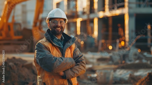 Construction engineer portrait in front of construction site